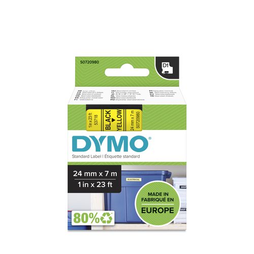 Dymo 53718 24mm x 7m Black on Yellow Tape