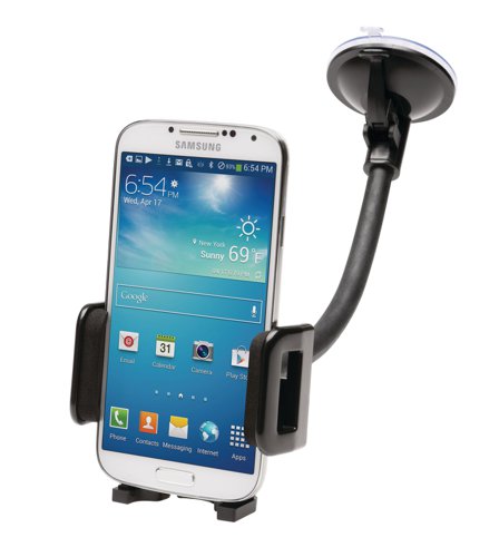Give your smartphone a secure place to ride - even when in a case.The Kensington Windshield/Vent Car Mount for Smartphones installs in seconds and keeps your smartphone within easy reach. Adjustable side clamps expand up to 2.75" to fit your smartphone or other mobile devices Universal mount designed to fit all cars; installs in seconds - includes both windshield and vent mounts.The oversized suction cup is strong enough for even the roughest roads and the 4.5" flexible arm adjusts for optimal positioning. Adjustable legs give stability which prevents your smartphone from falling when released. The One-button quick release lets you grab your smartphone and go.