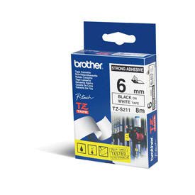 Brother TZE-S211 Black on White 8M x 6mm Strong Adhesive Tape