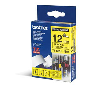 Brother TZES631 Black on Yellow 8M x 12mm Strong Adhesive Tape