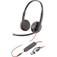 HP Poly Blackwire C3225 3.5mm and USB UC Stereo Headset with USB-A to C Adaptor