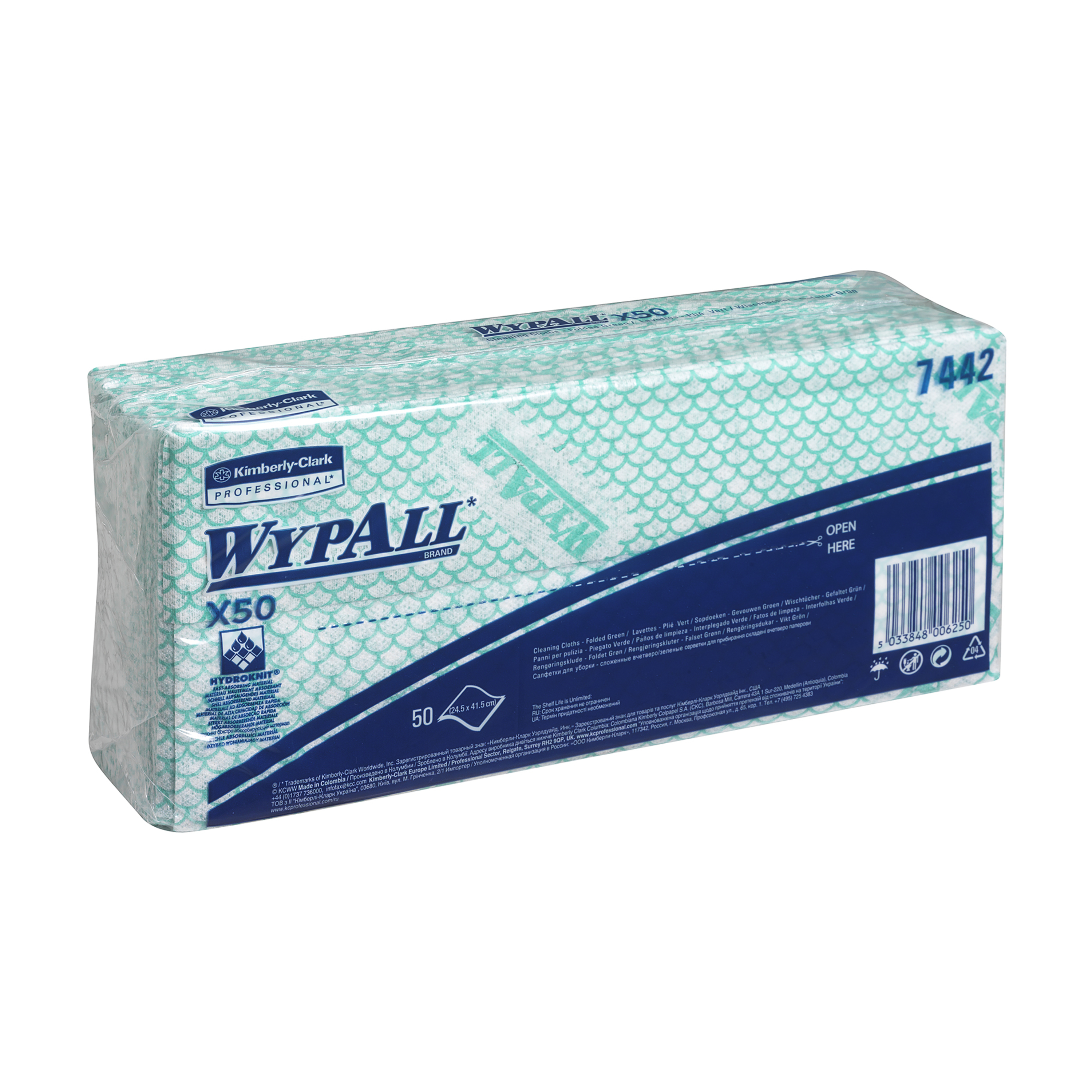 Wypall X50 Cleaning Cloths Absorbent Strong Non-woven Tear-resistant Green Ref 7442 [Pack 50]