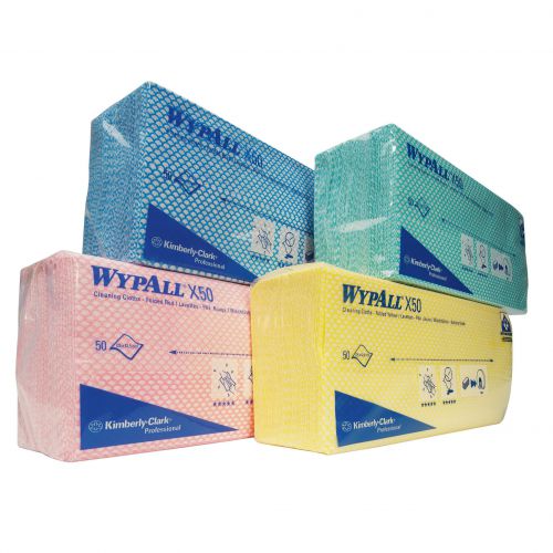 Keep your site areas clean and tidy with these Wypall Cleaning Cloths. These cloths have been manufactured from unique HYDROKNIT fabric with excellent absorbency, making them perfect for mopping up and cleaning your site on a daily basis, as well as dealing with spills and avoiding stains. Packaged in pop-up dispensers to keep cloths hygienic and easy to access, these green cloths can be used to implement colour coded cleaning to avoid cross-contamination. This pack contains 50 green cloths.
