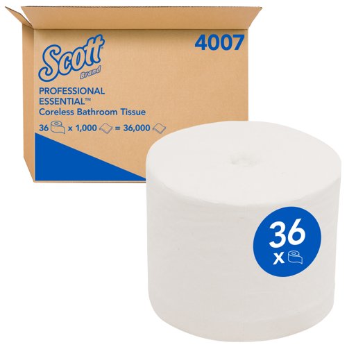 Scott® Essential™ Coreless Standard Roll Toilet Tissue 4007 - 36 rolls x 1,000 white, 2 ply sheets (36,000 sheets)