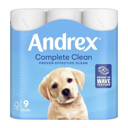 Andrex® Complete Clean Toilet Tissue, 2-Ply Standard Rolls, 4 Packs x 9 Rolls x 190 Sheets (36 x 6840 Sheets total)