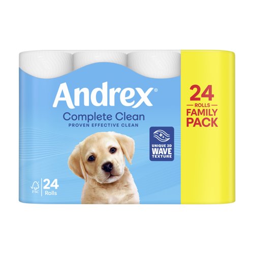 Andrex® Complete Clean Toilet Tissue, 2-Ply Standard Rolls, 1 Packs x 24 Rolls x 190 Sheets (24 x 4560 Sheets total)