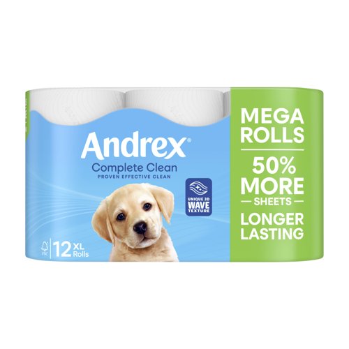 Andrex® Complete Clean Toilet Tissue, 2-Ply Mega Rolls, 1 Packs x 12 Rolls x 290 Sheets (12 x 3480 Sheets total)