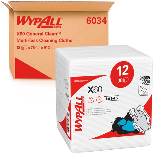 WypAll® X60 General Clean™ Quarterfold Cleaning Cloths 6034 – Reusable Cloths – 12 Packs x 76 White Cloths (912 Total)