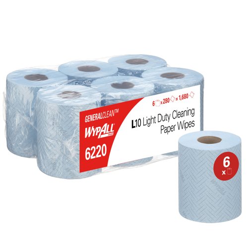 WypAll® L10 Service & Retail Wiping Paper 6220 - 1 Ply Centrefeed Blue Roll - 6 Centrefeed Rolls x 280 Paper Wipes (1,680 total)