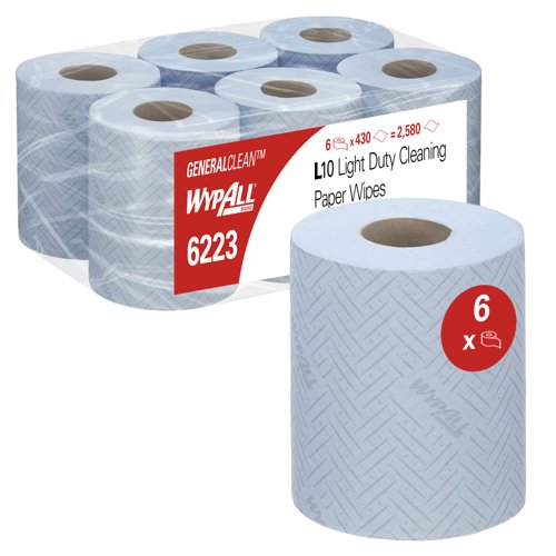 WypAll® L10 General Clean™ Light Duty Wipes 6223 - 1 Ply Centrefeed Blue Roll - 6 Centrefeed Rolls x 430 Paper Wipes (2,580 total)