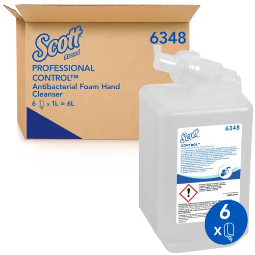 Scott® Control™ Foam Antibacterial Hand Cleanser 6348 - Unscented Foaming Hand Wash - 6 x 1 Litre Clear Hand Wash Refills (6 Litre total)