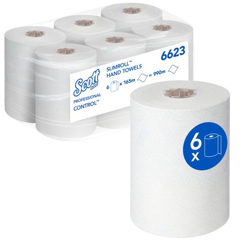 Scott® Control™ Slimroll™ Rolled Hand Towels 6623 - Disposable Hand Towels - 6 Paper Towel Rolls x 165m White Paper Hand Towels (990m Tota