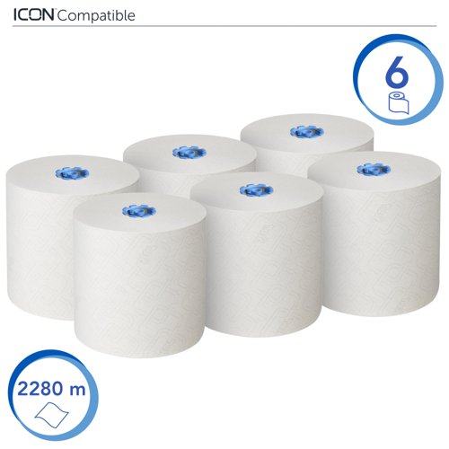 Scott® Essential™ Rolled Hand Towels 6638 - E-Roll Large Paper Towel Roll - 6 x 380m White Paper Towel Rolls (2,280m total)