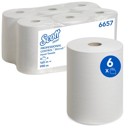 Scott® Slimroll™ Hand Towels 6657 - Paper Hand Towels for Dispenser - 6 Rolls x 165m White Paper Towels (990m Total)