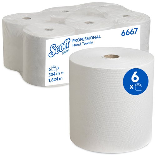Scott® Rolled Hand Towels 6667 - Paper Hand Towels for Dispenser - 6 Rolls x 304m White Paper Towels (1,824m Total)