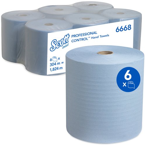 Scott® Rolled Paper Hand Towels 6668 - Blue Rolls 6 Pack - 6 Rolls x 304m Blue Paper Towels (1,824m Total)
