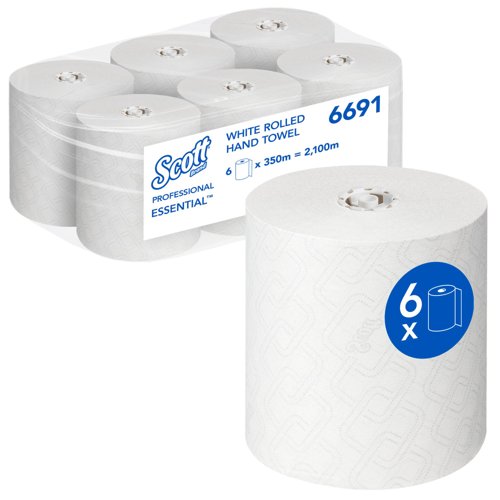 Scott® Essential™ Rolled Hand Towels 6691 - Rolled Paper Towels - 6 x 350m White Paper Towel Rolls (2,100m total)