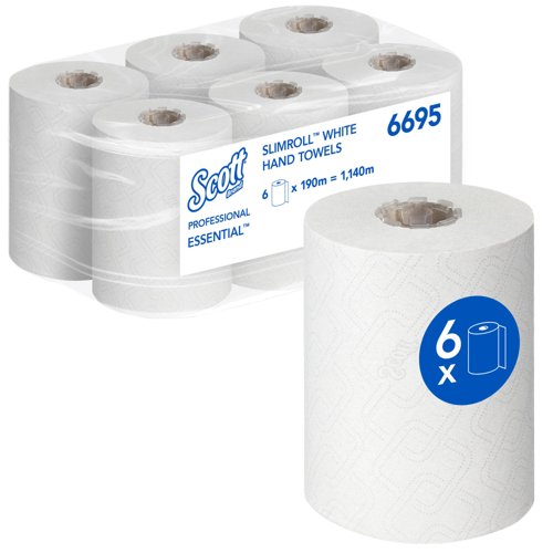 Scott® Essential™ Slimroll™ Rolled Hand Towels 6695 - Rolled Paper Towels - 6 x 190m White Paper Towel Rolls (1,140m total)