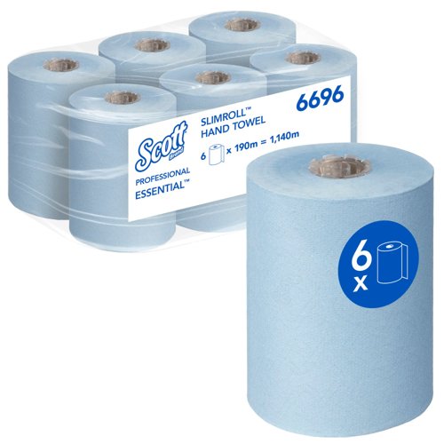 Scott® Essential™ Slimroll™ Rolled Hand Towels 6696 - Blue Paper Towels - 6 x 190m Paper Towel Rolls (1,140m total)