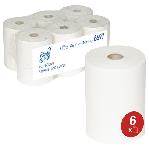 Scott® Slimroll™ Hand Towels 6697 - 190m white, 1 ply roll (pack contains 6 rolls)