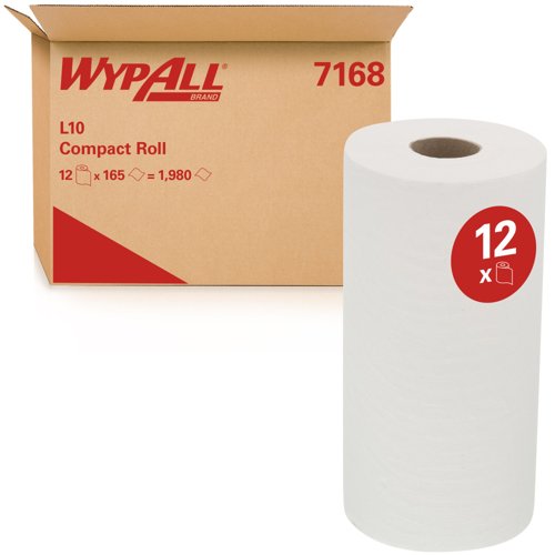WypAll® L10 Food & Hygiene Wiping Paper 7168 - 1 Ply Compact Cleaning Wipes - 12 Rolls x 165 White Paper Wipes (1980 total)