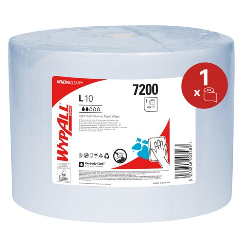 WypAll® L10 General Clean™ Light Duty Wipes BL 7200 - Jumbo Roll - 1 Blue Roll x 1,000 Paper Wipes