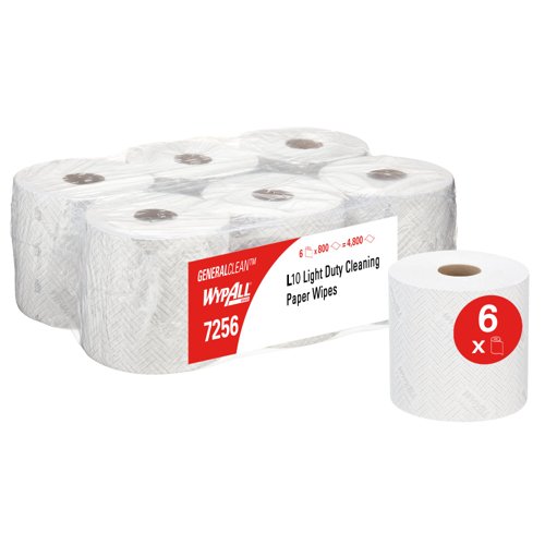 WypAll® L10 General Clean™ Light Duty Wipes 7256 - 1 Ply White Cleaning Wipes - 6 Centrefeed Rolls x 800 Paper Wipes (4,800 total)
