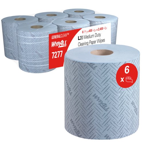 WypAll® L20 General Clean™ Medium Duty Wipes 7277 - 2 Ply Centrefeed Rolls - 6 Blue Rolls x 400 Paper Wipers (2,400 total)