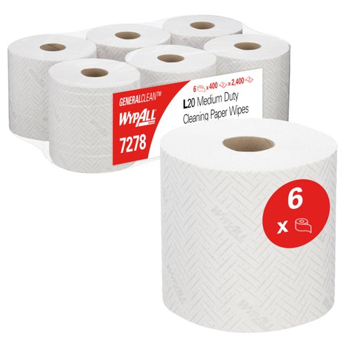 WypAll® L20 General Clean™ Medium Duty Wipes 7278 - 2 Ply Centrefeed Rolls - 6 Rolls x 400 White Paper Wipers (2,400 Total)