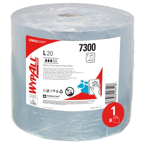 WypAll® L20 General Clean™ Medium Duty Wipes BL 7300 - Paper Roll for Cleaning - 1 Blue Roll x 500 Blue, 2 Ply Wiping Paper Sheets