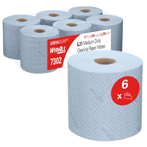 WypAll® L20 General Clean™ Medium Duty Wipes BL 7302 - Centrefeed Roll - 6 Rolls x 380 Blue 2 Ply Sheets (2,280 Sheets total)