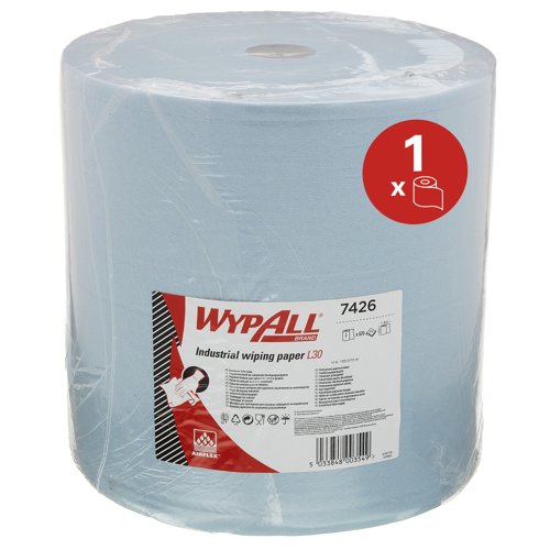 WypAll® L30 Extra Wide Jumbo Roll Industrial Wiping Paper 7426 - Large Industrial Blue Roll - 1 Cleaning Roll x 670 Blue, 3 Ply Wiping Paper Sheets