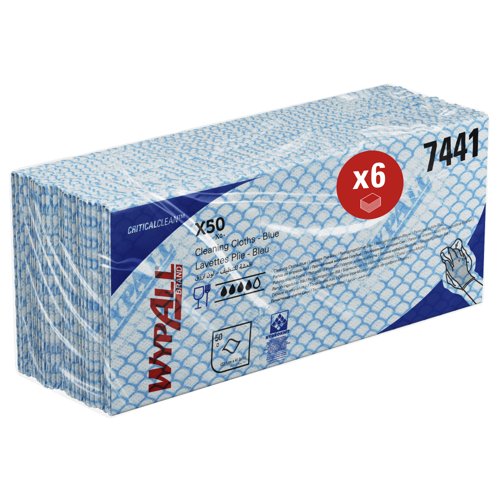 WypAll® X50 Critical Clean™ Colour Coded Cleaning Cloths 7441 - Blue Wiping Cloths - 6 Packs x 50 Interfolded Colour Coded Cloths (300 total)