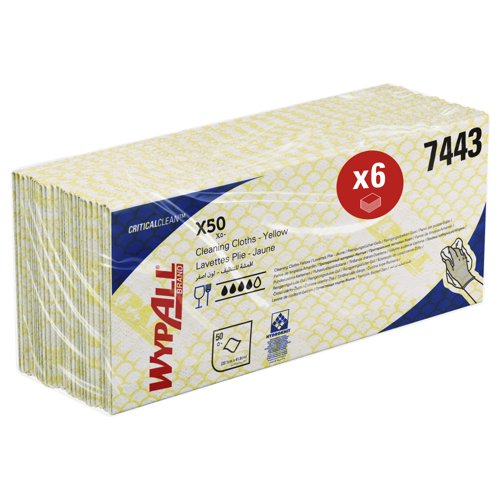 WypAll® X50 Critical Clean™ Colour Coded Cleaning Cloths 7443 - Yellow Wiping Cloths - 6 Packs x 50 Interfolded Colour Coded Cloths (300 total)