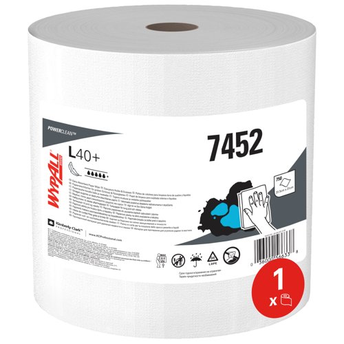WypAll® L40+ Power Clean™ Extra Absorbent Paper Wipes 7452 - Industrial Wipers - 1 Wiper Roll x 750 White Cleaning Wipes