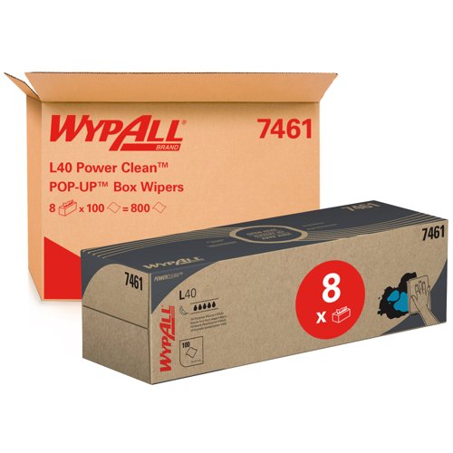 WypAll® L40 Power Clean™ POP-UP™ Box Wipers 7461 - Wiping Paper – 8 Boxes x 100 White Cleaning Wipers (800 Total)