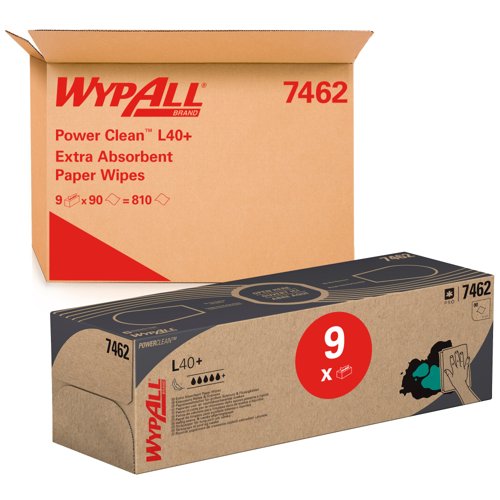 WypAll® L40+ Power Clean™ Extra Absorbent Paper Wipes 7462 - 9 Boxes x 90 White Cleaning Wipes (810 Total)