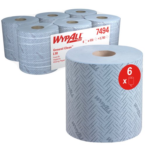 WypAll® L10 General Clean™ Food & Hygiene Wiping Paper 7494 - Centrefeed Roll for Reach PLUS™  Dispensers - 6 Blue Rolls x 630 Paper Wiper