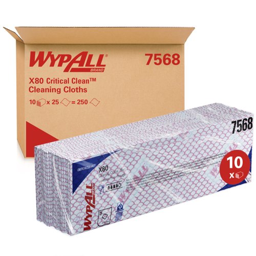 WypAll® X80 Critical Clean™ Colour Coded Cleaning Cloths 7568 - Red Wiping Cloths - 10 Packs x 25 Heavy Duty Cleaning Wipes (250 total)