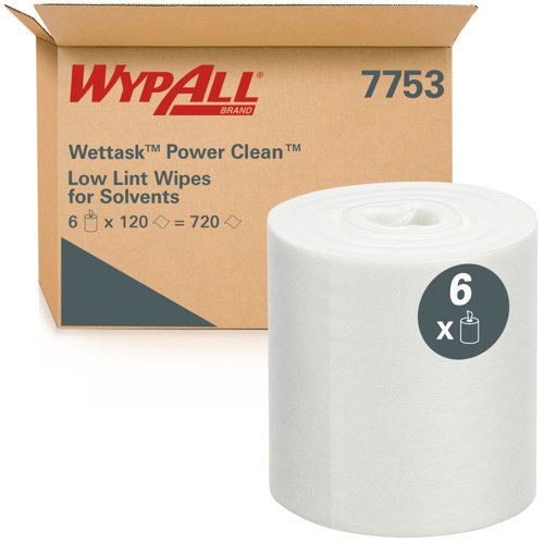 WypAll® Wettask™ Power Clean™ Low Lint Wipes for Solvents 7753 - Industrial Wipers - 6 Rolls x 120 White Cleaning Wipes (720 Total)