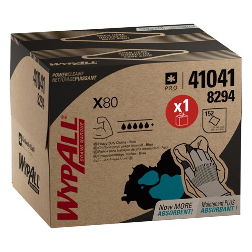 WypAll® X80 Power Clean™ Heavy Duty Towels 8294 - Reusable Cloths - 1 BRAG™ Box x 152 Blue Absorbent Cloths