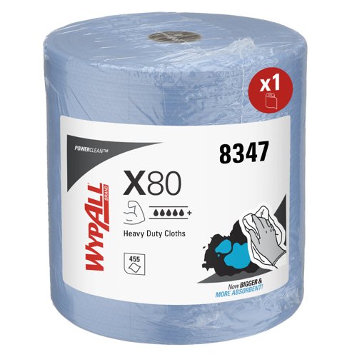 WypAll® X80 Power Clean™ Heavy Duty Cloths 8347 - Reusable Cloths - 1 Large Roll x 455 Blue Absorbent Cloths