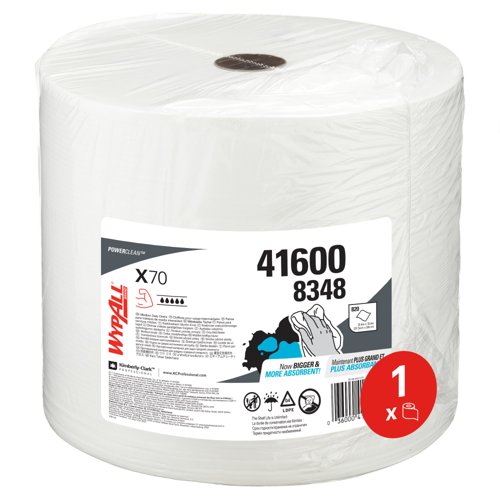 WypAll® X70 Power Clean™ Reusable Cleaning Cloths 8348 - Jumbo Roll - 1 Roll x 820 White Wipers (820 Total)