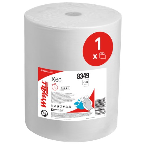 WypAll® X60 General Clean™ Multi-task Cleaning Cloths 8349 - Reusable Absorbent Cloths - 1 Large Roll x 650 White Industrial Cleaning Cloths