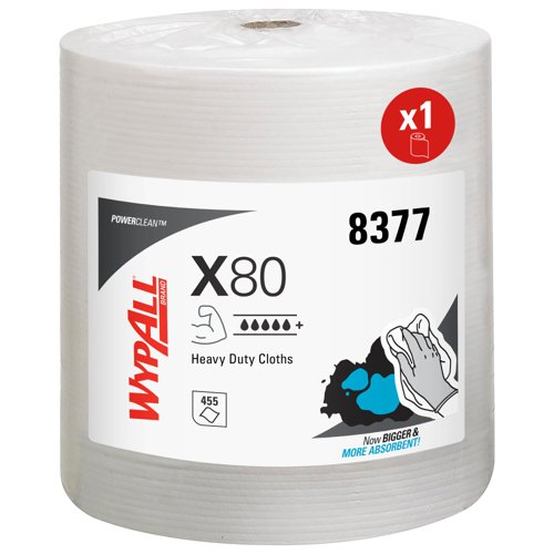 WypAll® X80 Power Clean™ Heavy Duty Cloths 8377 - Reusable Cloths - 1 Large Wiper Roll x 455  White Absorbent Cloths