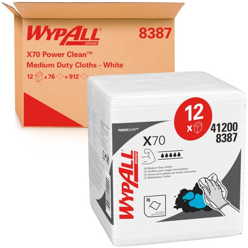 WypAll® X70 Power Clean™ Cleaning Cloths 8387 - Reusable Cloths - 12 Packs x 76 Quarterfold, White, Absorbent Cloths (912 Total)