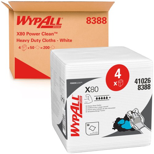 WypAll® X80 Power Clean™ Cleaning Cloths 8388 - Reusable Cloths - 4 Packs x 50 Quarterfold, White, Absorbent Cloths (200 Total)