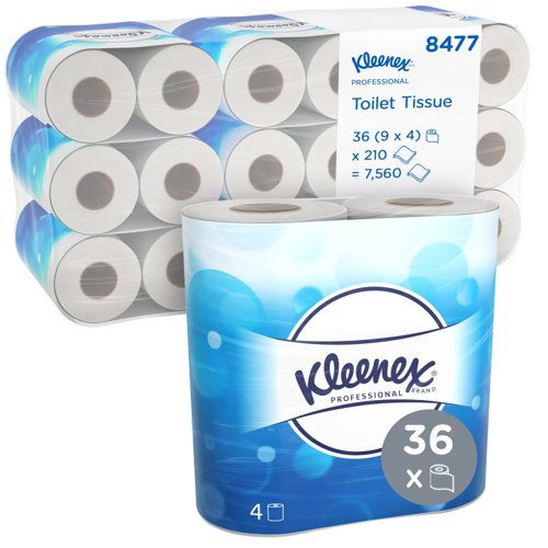 Kleenex® Standard Size Toilet Roll 8477 - 2 Ply Toilet Paper - 9 Packs of 4 Toilet Rolls x 210 White Toilet Tissue Sheets (36 Rolls / 7,560 Sheets)