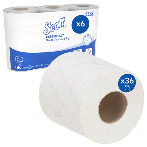 Scott® Essential™ Standard Size Toilet Roll 8538 - 2 Ply - 6 Packs of 6 Toilet Rolls x 320 White Toilet Tissue Sheets (36 Rolls / 11,520 Sheets)