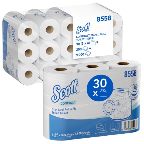 Scott® Control™ Small Roll Toilet Tissue 8558 - 3 Ply - 5 Packs of 6 Rolls x 300 Recycled Toilet Paper Sheets (30 Rolls / 9,000 White Sheets Tot